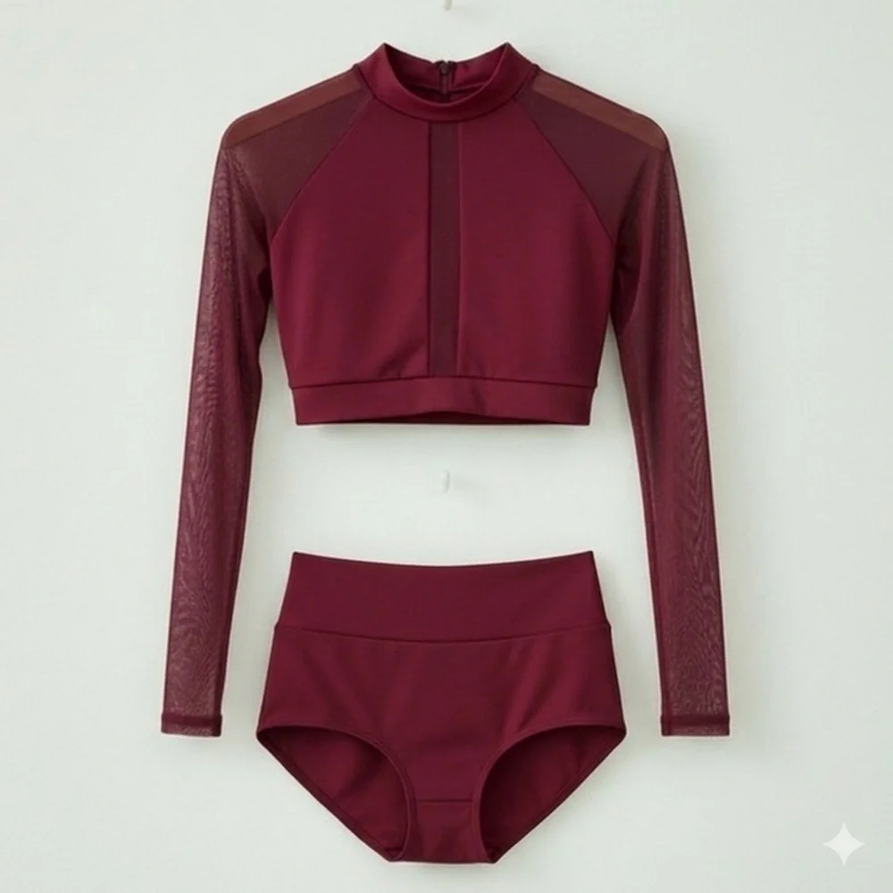 CM Baltogs Burgundy Mesh Long Sleeve Crop Top and High Waist Briefs Set